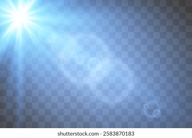 Blue flash flashing rays.Blue glowing light. Bright beautiful star. Sunlight.