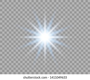 Blue flash glowing with radial rays. Abstract sun. Bright burst of light. Vector Christmas design element isolated on a transparent background.