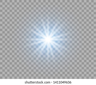 Blue flash glowing with radial rays. Abstract sun. Bright burst of light. Vector Christmas design element isolated on a transparent background.