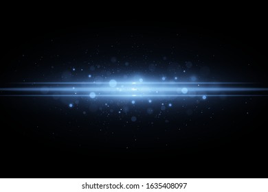 Blue flash. Light effect isolated on a black background. Glares bokeh. Glowing element. Flying dust. Vector illustration. EPS 10