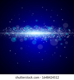 Blue flash on a black background. Flying with magical blue dust.Blurred bokeh light.Vector illustration