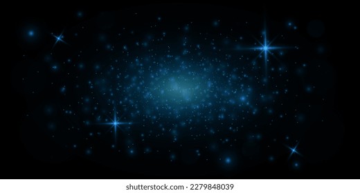 Blue flash on a black background. Magic glow light effect. Vector blue glowing light glitter abstract background. The effect of the camera. Vector illustration.