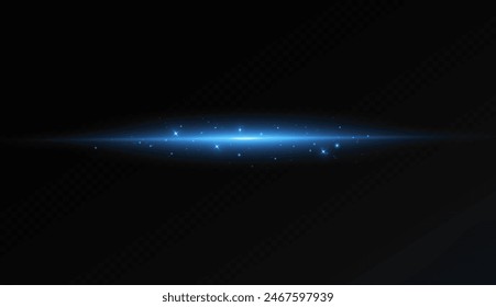 Blue flash on a transparent background. Flying magic blue dust. Glowing line. Vector illustration.Bright line of light, beam. Magic glow, particles of light.
