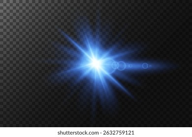 Blue flash with rays of light. Star light effect. Vector. On transparent background.