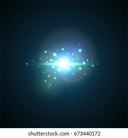 Blue Flash with rays and spotlight. Realistic light glare, high loth, star glow. Lens flare effect on black background. Bright Sunflare Explosion. Shining Vector illustration Beautiful Template.