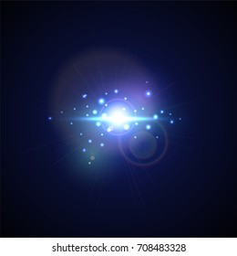 Blue Flash with rays and spotlight. Realistic light glare, high loth, star glow. Lens flare effect on black background. Bright Sunflare Explosion. Shining Vector illustration Beautiful Template.