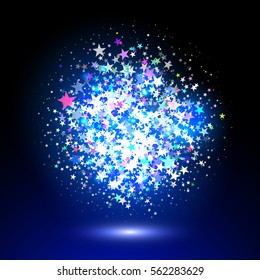 Blue flash stars. Vector blue glowing light glitter abstract background. Magic glow light effect with stars.