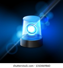 Blue flashing police beacon alarm. Police light siren emergency equipment. Danger flash ambulance beacon.