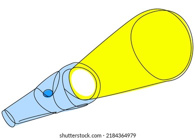 Blue flashlight glowing in one line on white background, small lantern. As a logo, a symbol for lighting stores, tourism, search for items, quests, symbols and signs for games. Vector