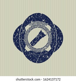 Blue flashlight icon inside distress rubber grunge seal