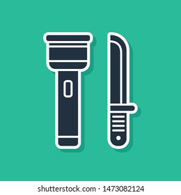 Blue Flashlight and knife icon isolated on green background.  Vector Illustration