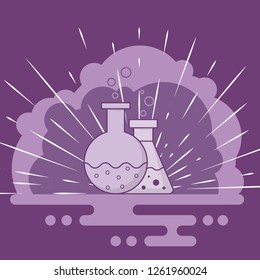 Blue flask and retort with chemical fluid. Bubbles come out. Flat style. Purple background with clouds of smoke and white shining