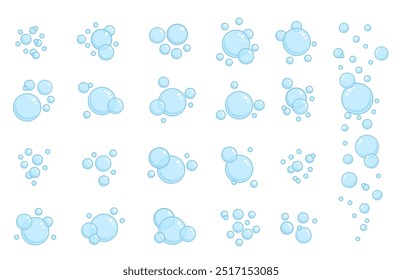 Blaue flache Luftblasen. Seifenblasen, Umrisse von wasserkochenden Ikonen, Schaumstoffkreise sprudelnde Zusammensetzungen, Reinigungszeichen. Reinigungsmittel, Duschgel oder Shampoo. Vektorgrafik einzeln auf Weiß