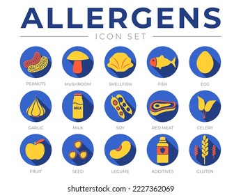 Blue Flat Allergens Icon Set. Peanuts, Mushroom, Shellfish, Fish, Egg, Garlic, Milk, Soy Red Meat, Celery, Fruit, Seed, Legume and Additives Gluten Allergen Icons