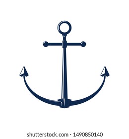 Blue flat anchor isolated on white background, marine equipment, travel and tourism concept, vector illustration
