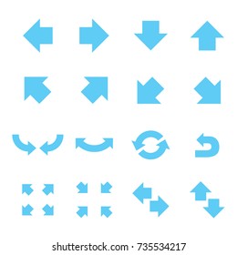 Blue flat arrows collection, glyph icons, signs , symbols, isolated on white background, vector