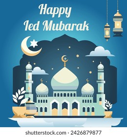 Blue flat background design for Happy Eid al-Fitr with mosque and lantern elements