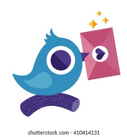 Blue flat bird postman with love letter or message vector character.  Colorful character good for motion design. Email concept