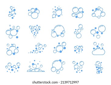 Blue flat bubbles. Outline soap balls. Fizzy soda effect. Simple air icons. Boiling water silhouettes. Shampoo or powder scum. Clean forms. Laundry or bath lather. Vector