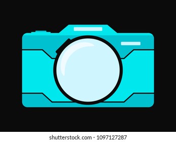 Blue flat camera isolated on black background. Vector illustration