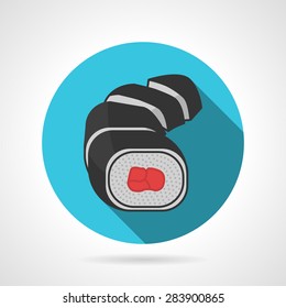Blue flat color style vector icon for cutter sushi rolls on gray background. Long shadow design