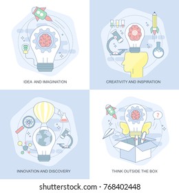 Blue flat conceptual icons set of creativity and inspiration, idea and imagination, innovation and discovery, think outside the box. Concepts for website and graphic design. Mobile and print media.