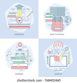 Blue flat conceptual icons set of online education, video tutorials, staff training, learning, knowledge, back to school, studing. Concepts for website and graphic design. Mobile and print media.