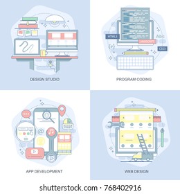 Blue flat conceptual icons set of creative office workspace art studio, program coding, app and web development. Concepts for website and graphic design. Mobile and print media.