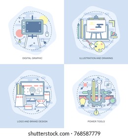 Blue flat conceptual icons set of digital graphics, illustration and drawing, logo and brand design, power tools. Concepts for website and graphic design. Mobile and print media.