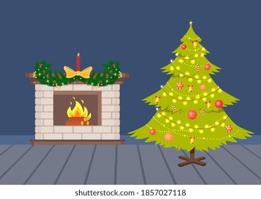 Blue flat decorated Christmas tree with garland, fireplace with spruce branch, pine cone, big bow with candle and balls. Interior for winter holiday vector