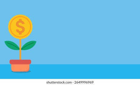 Fondo de diseño plano azul con árbol de monedas de dinero. Ilustraciones vectoriales en estilo de diseño plano