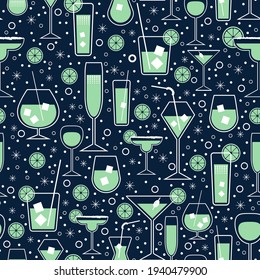 Blue flat design of cool liquor beverages pattern. Vector seamless pattern design for textile, fashion, paper, packaging, wrapping and branding