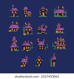 Blue Flat Design Haunted House Asset Illustration