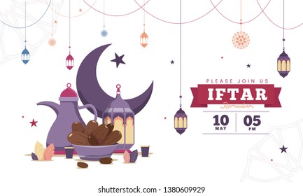 Blue flat design Iftar party celebration 
flyer concept illustration. Sweet Dates, Fanous Lantern and Arabic coffee mug. Islamic Holy Month, Ramadan Kareem. Typography template for text