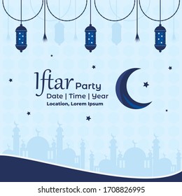 Blaues Flachdesign Iftar Party Fest Flyer Konzeptgrafik. Sweet Dates, Fanous Lantern, Moon und Moschee. Islamischer Heiliger Monat, Ramadan Kareem. Typografie-Vorlage für Text