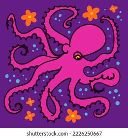 Blue flat doodle cartoon octopus, tentacles squid animal, hand drawn vector illustration isolated on white background. Sea and ocean character, aquatic marine life art. Floral childish collage groovy