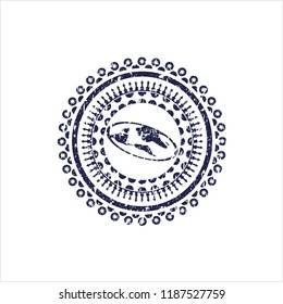 Blue flat earth icon inside distressed rubber seal with grunge texture