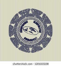 Blue flat earth icon inside distressed rubber grunge texture seal