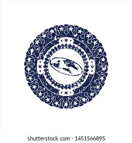 Blue flat earth icon inside distressed with rubber seal texture