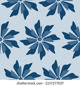 Blue flat flower silhouette icon vector seamless pattern background. Abstract floral graphic ornament wallpaper. Symmetrical backdrop. Template for print, design, banner or card.