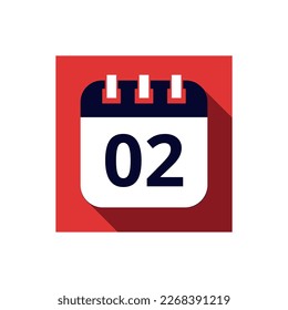 Blue flat icon calendar isolated on red background. Calendar vector illustration with day 02, icon for websites and social networks.