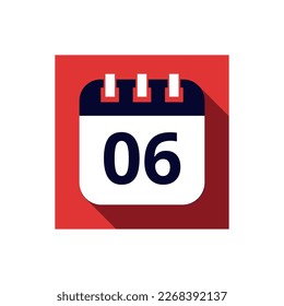 Blue flat icon calendar isolated on red background. Calendar vector illustration with day 06, icon for websites and social networks.