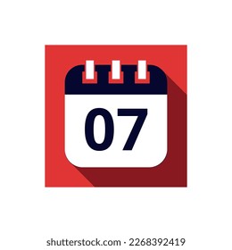 Calendario de icono azul plano aislado en el fondo rojo. Ilustración vectorial de calendario con día 07, icono para sitios web y redes sociales.