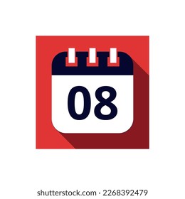 Blue flat icon calendar isolated on red background. Calendar vector illustration with day 08, icon for websites and social networks.
