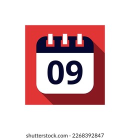 Calendario de icono azul plano aislado en el fondo rojo. Ilustración vectorial de calendario con día 09, icono para sitios web y redes sociales.