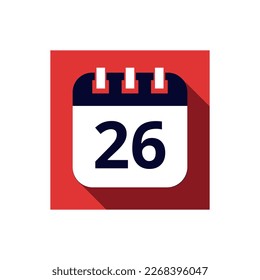 Blue flat icon calendar isolated on red background. Calendar vector illustration with day 26, icon for websites and social networks.