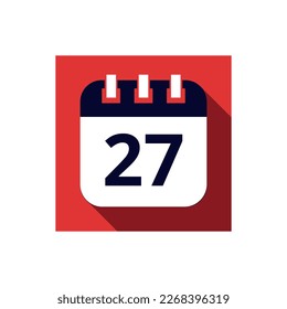 Calendario de icono azul plano aislado en el fondo rojo. Ilustración vectorial de calendario con día 27, icono para sitios web y redes sociales.