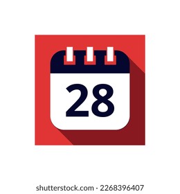 Calendario de icono azul plano aislado en el fondo rojo. Ilustración vectorial de calendario con día 28, icono para sitios web y redes sociales.