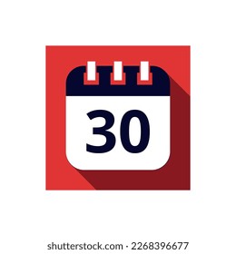 Blue flat icon calendar isolated on red background. Calendar vector illustration with day 30, icon for websites and social networks.