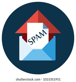 Blue flat icon. Open envelope and message object with red house element and text "SPAM". Emailing concept white
background. Spam and sms writing.Lettering. 